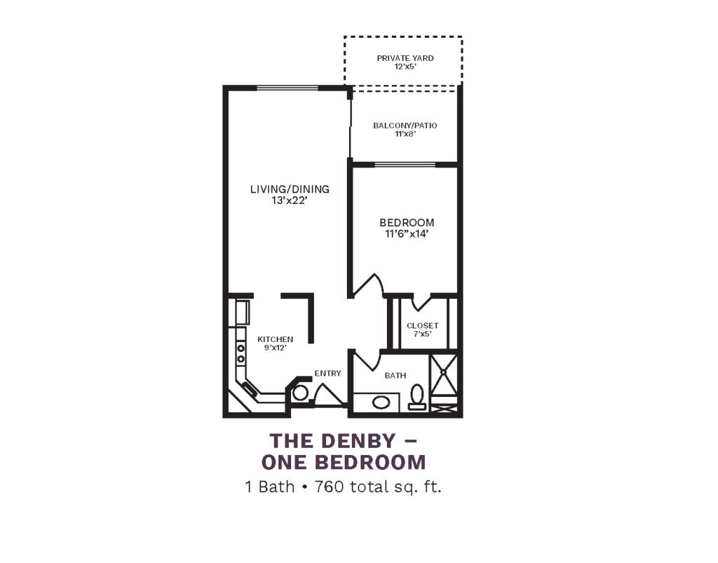 The Country Club of La Cholla layout for "The Denby - One Bedroom" with 760 square feet.