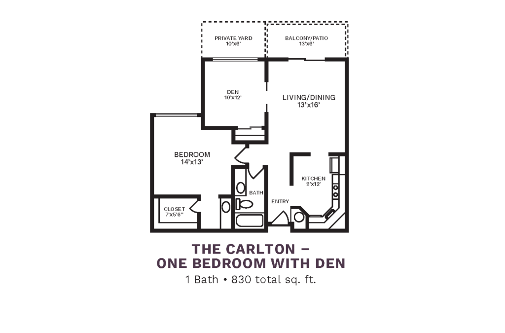 The Country Club of La Cholla layout for "The Carlton - One Bedroom with Den" with 830 square feet.