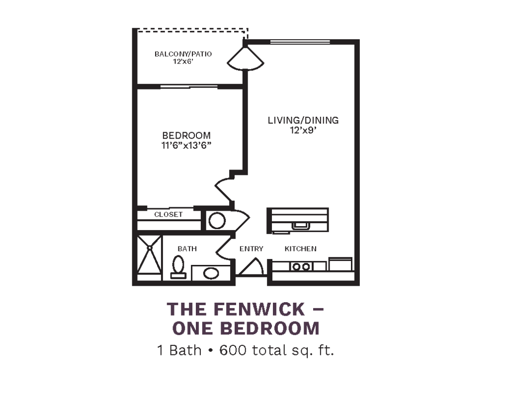 The Country Club of La Cholla layout for "The Fenwick - One Bedroom" with 600 square feet.