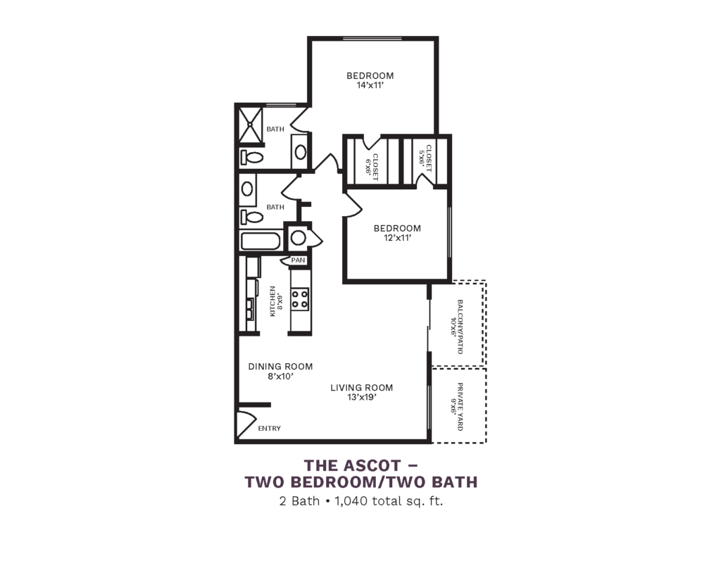 The Country Club of La Cholla layout for "The Ascot - Two Bedroom/Two Bath" with 1,040 square feet.