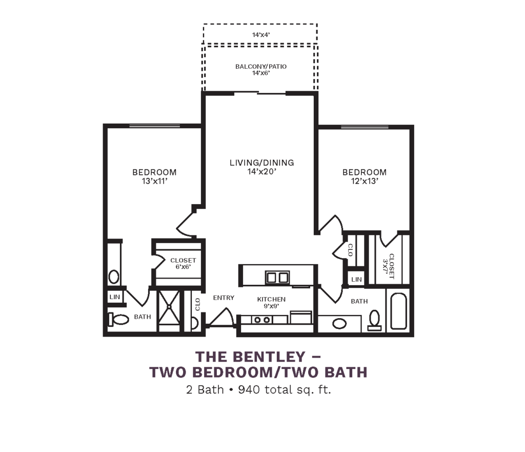 The Country Club of La Cholla layout for "The Bentley - Two Bedroom/Two Bath" with 940 square feet.