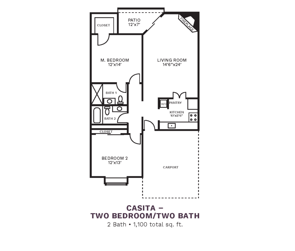 The Country Club of La Cholla layout for "The Casita - Two Bedroom/Two Bath" with 1,100 square feet.