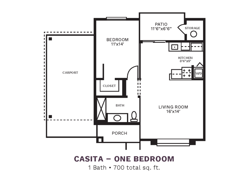 The Country Club of La Cholla layout for "The Casita - One Bedroom" with 700 square feet.