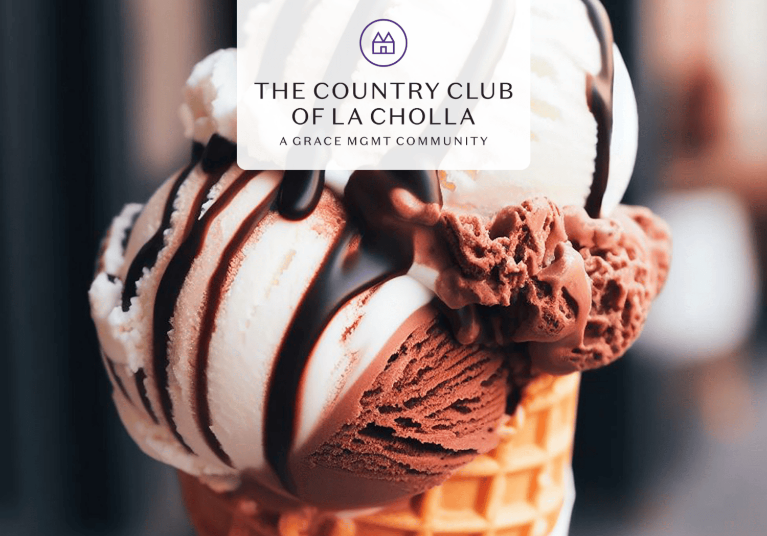 Close-up of vanilla and chocolate ice cream scoops in a waffle cone with chocolate drizzle and a translucent logo overlay reading The Country Club of LA Cholla (branding).