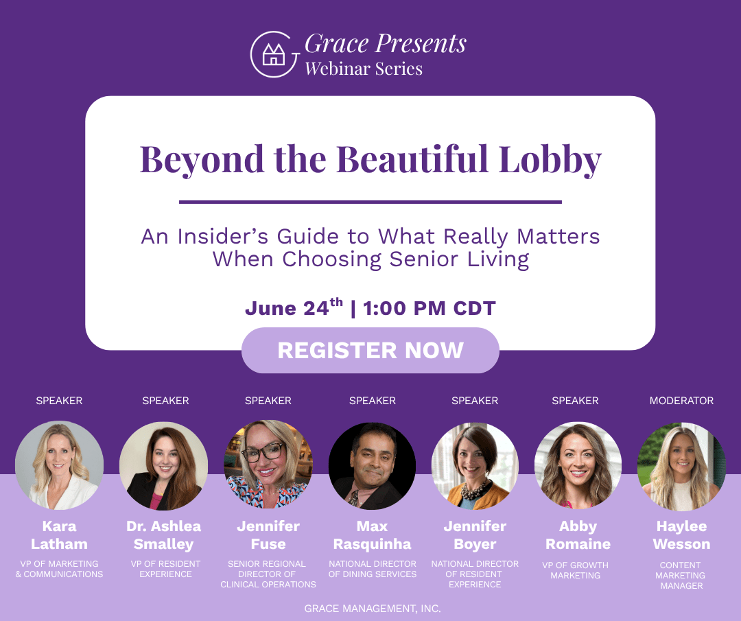 Promotional banner for Grace Presents Webinar Series, 'Beyond the Beautiful Lobby' with date June 24, 1:00 PM CDT and a 'Register Now' button; seven speaker headshots with titles beneath (no names shown).
